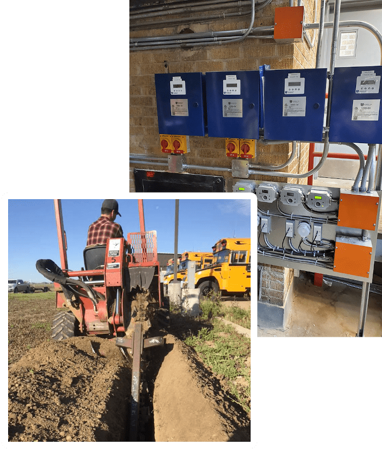 2 photos placed corner-to-corner. One is of large environmental control panels, the other is a man digging a trench